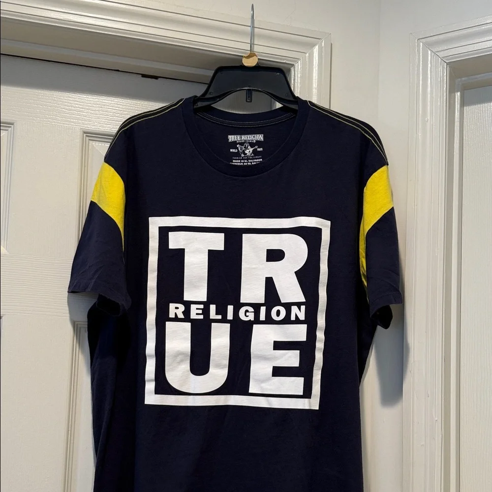 Y2K Men XXL True Religion Nostalgic Navy Retro Bold Football Beach Summer Tee